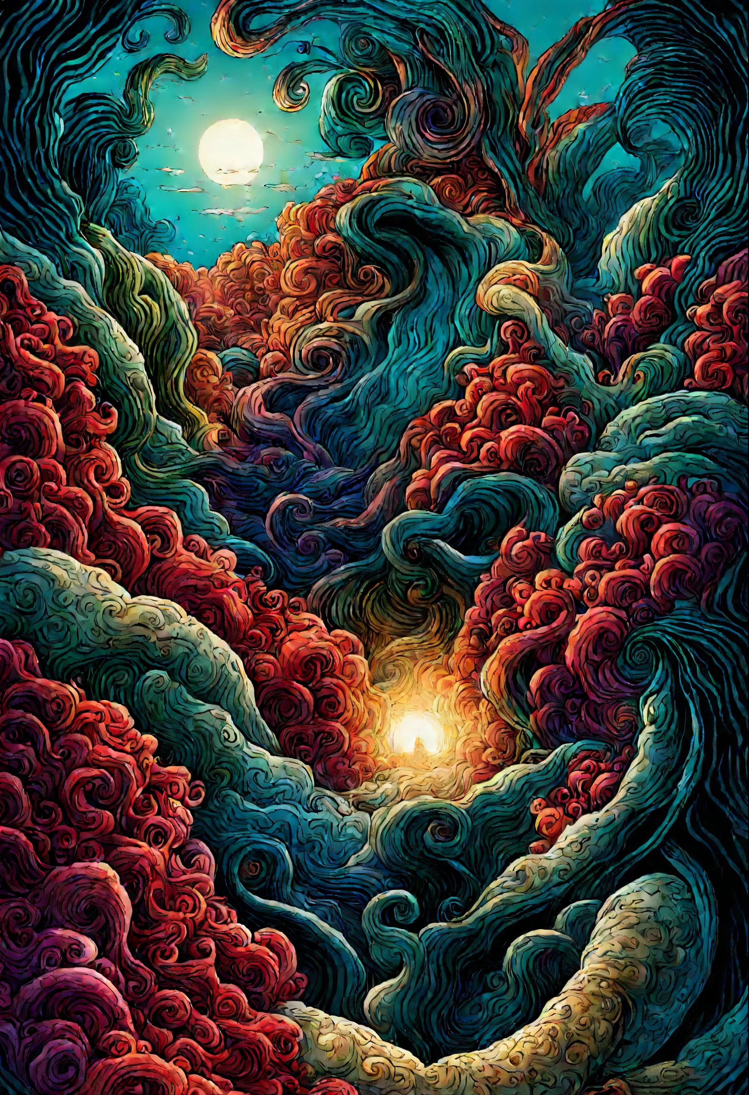 Colorful deep sea scenery、Colorful coral、Deep Sea AngelT、diego gisbert lawrence、Josan Gonzalli Dan Mumford、a storybook illustration、Psychedelic Art、1 girl in、bubbling、The corals、AngelT、Horizon、Eau、vague、superwide shot,masutepiece、top-quality、ultra-detailliert、Dense、Composition of the golden ratio、