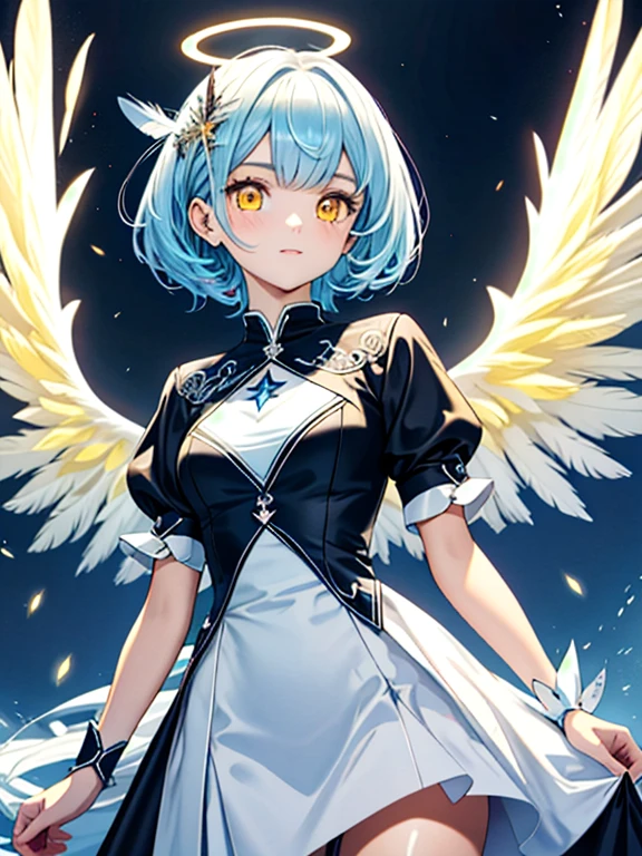 ((masterpiece、top-quality:1.5、a high chroma:1.5、ultra-detailliert、high-resolution illustrations:1.5、Ultra-high-definition CG、8k size wallpaper、offcial art))、,(highly colorful:1.5),(front view:1.5),(1 angel girl),(Cute girl:1.5)、(Shining yellow eyes:1.5),(Beautiful face:1.5,Beautiful eyes:1.5)、(close to viewer:1.5),
(clearface:1.3)、(sexy body),(ultra-thin dress:1.5), (Beautiful ultra-thin dress every detail),(a halo shines),(medium breasts:1.5),、(cowboy shot:1.5)、(glowing Feathers:1.5),(glowing angel wings:1.5), colourfull、
