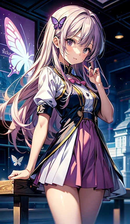 1 Anime girl in a short dress holding a purple butterfly, anime moe art style, Misato Katsuragi, marin kitagawa fanart, high quality anime art style, Anime visuals of cute girls, style of magical , Official art, magical little girl anime painter studio, portrait of magical little girl, anime artital art in anime style, high quality fan art