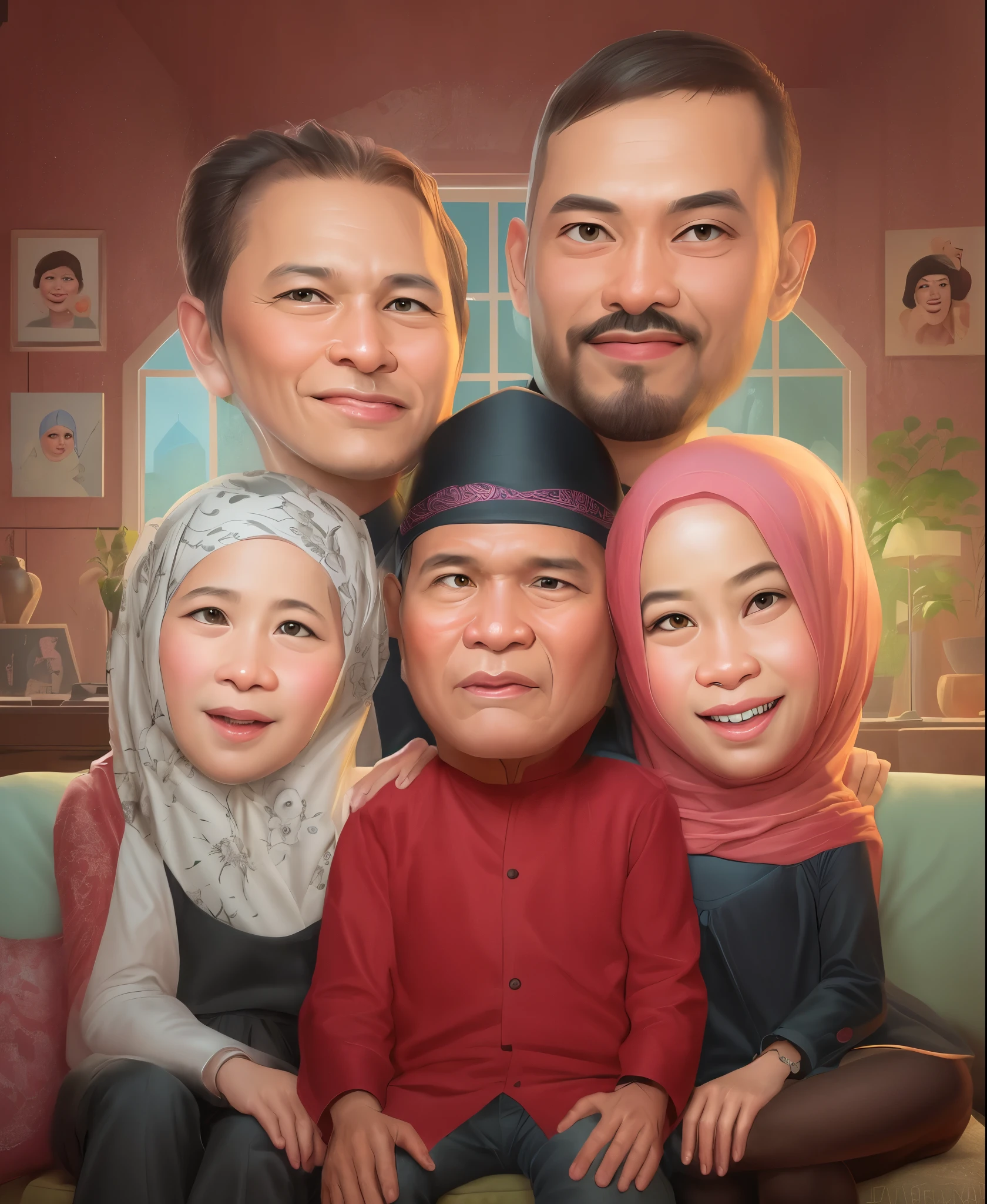 cartoon of a family portrait with a man, woman, and child, Semuanya tersenyum bahagia, wanita memakai hijab, caricature illustration, an muslim indonesian family portrait, potrait, in cartoon style, caricature style, cartoon artstyle, full protrait, digital art cartoon, cartoon portrait, happy family, muslim family, caricature, cartoon digital art, family portrait, by Abidin Dino, cartoon digital painting, cartoon art