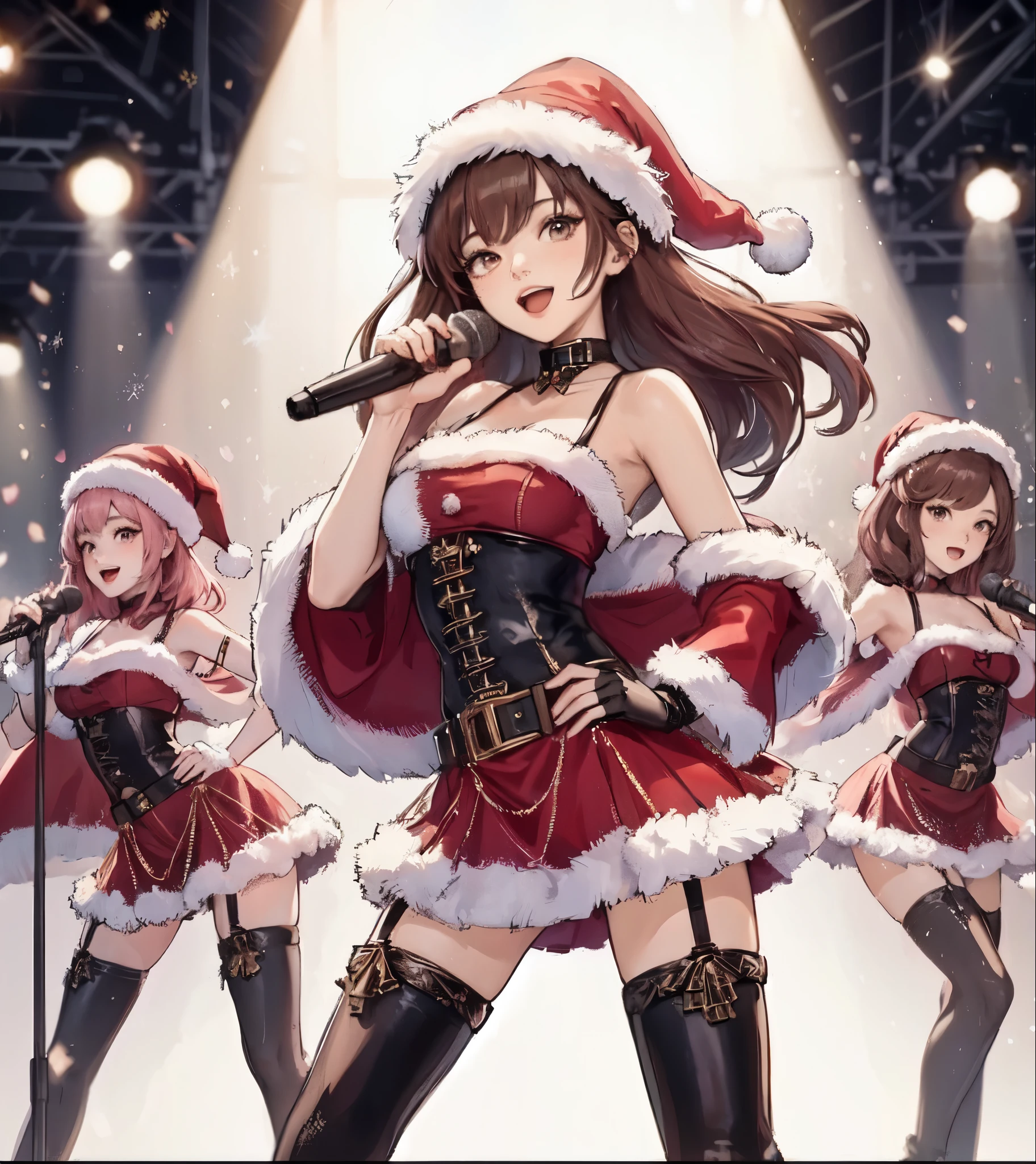 1lady solo, K-POP artist, (singing:1.2) (dynamic posing:1.2), (stylish outfit) (Santa Claus costume:1.2), mature female, /(brown hair/) bangs, light smile, (masterpiece best quality:1.2) delicate illustration ultra-detailed, large breasts BREAK (holding a microphone) BREAK 1lady /(pink hair/) BREAK (music stage) indoors, various colored spotlight, audience