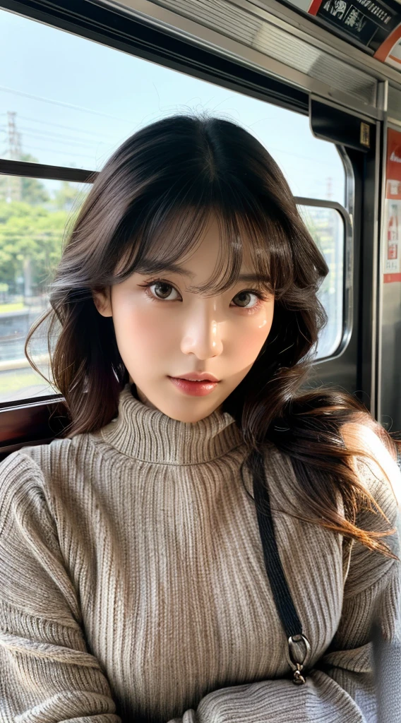 A woman wearing a black turtleneck sweater、long-sleeve