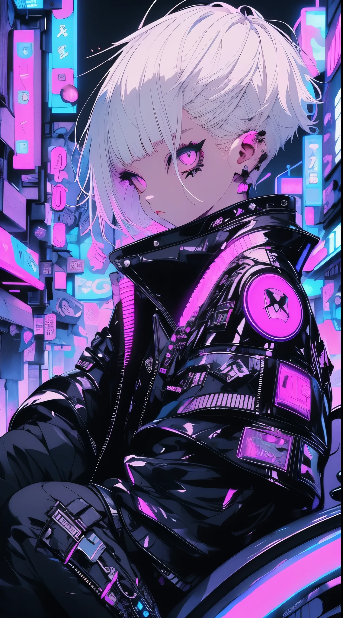 girl, White hair, Cool Black Open Short Jacket, The tattoo, Messy Fade Cut Hair, Crazy, sit pose, Futuristic neon night street background,