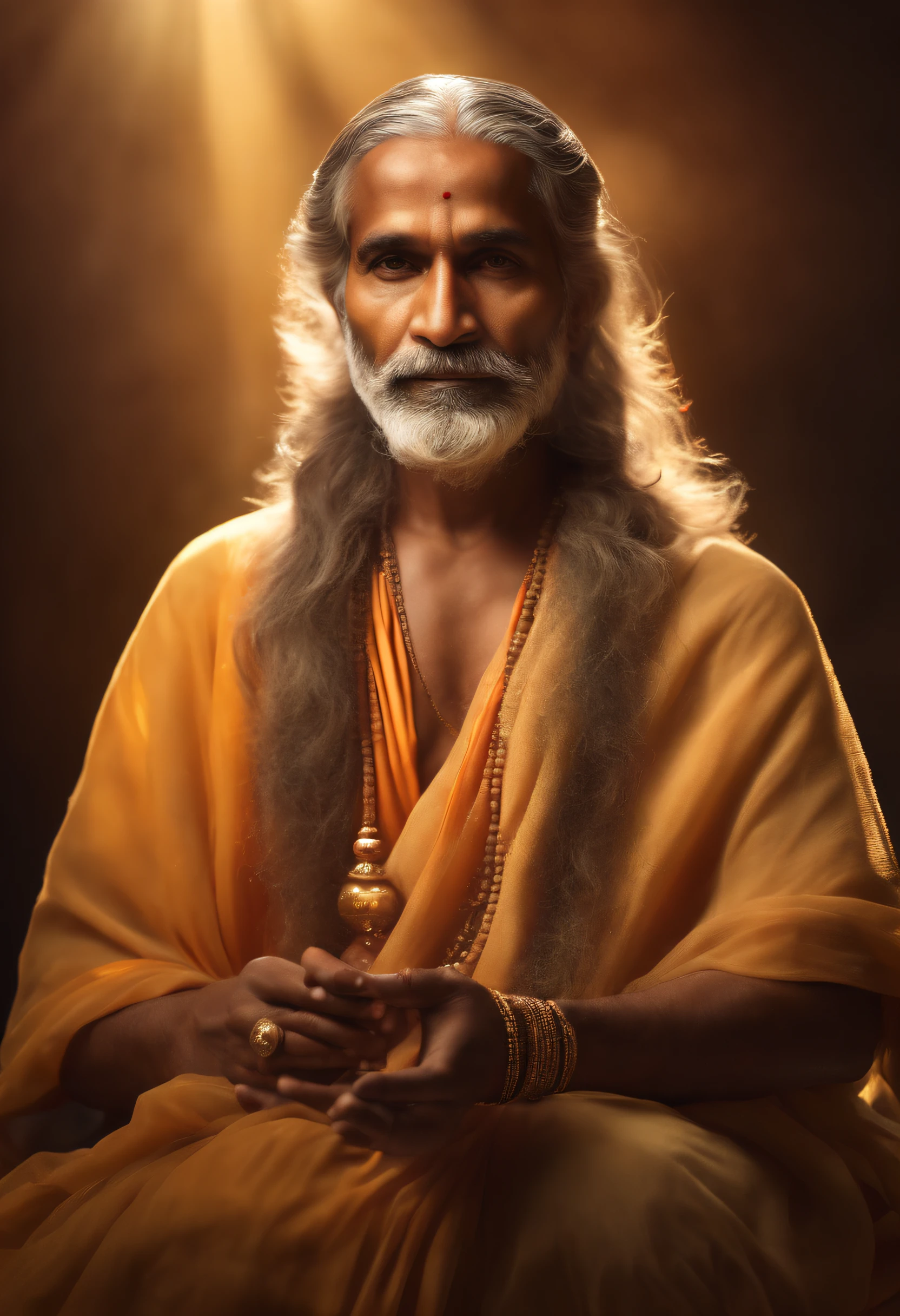 A person resembling an Indian babaji, mature personality, confident look, looking at camer, front pacing portrait, priest, rishi, monk, yogi, spritual guru, he looks like mixers of australoid and negro race, indian, he has captured in a medium shot, sparks, glossy, dust particles, 3D look, sunshine, feathers, HD, flowers, studio, digital studio, Glowing hair, glossy eyes,((ultra realistic:1.8)),((Best quality)), ((Masterpiece)),((Detailed)),RAW, (Upper body shot:1.3),(Full body portrait:1.2).
