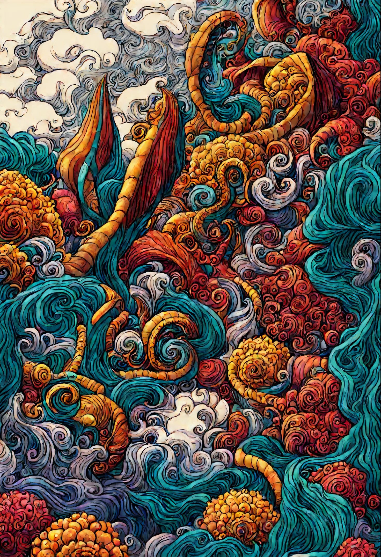 Colorful deep sea scenery、Colorful coral、Deep Sea AngelT、diego gisbert lawrence、Josan Gonzalli Dan Mumford、a storybook illustration、Psychedelic Art、1 girl in、bubbling、The corals、AngelT、Horizon、swirls、Eau、vague、superwide shot,masutepiece、top-quality、ultra-detailliert、Dense、Composition of the golden ratio、