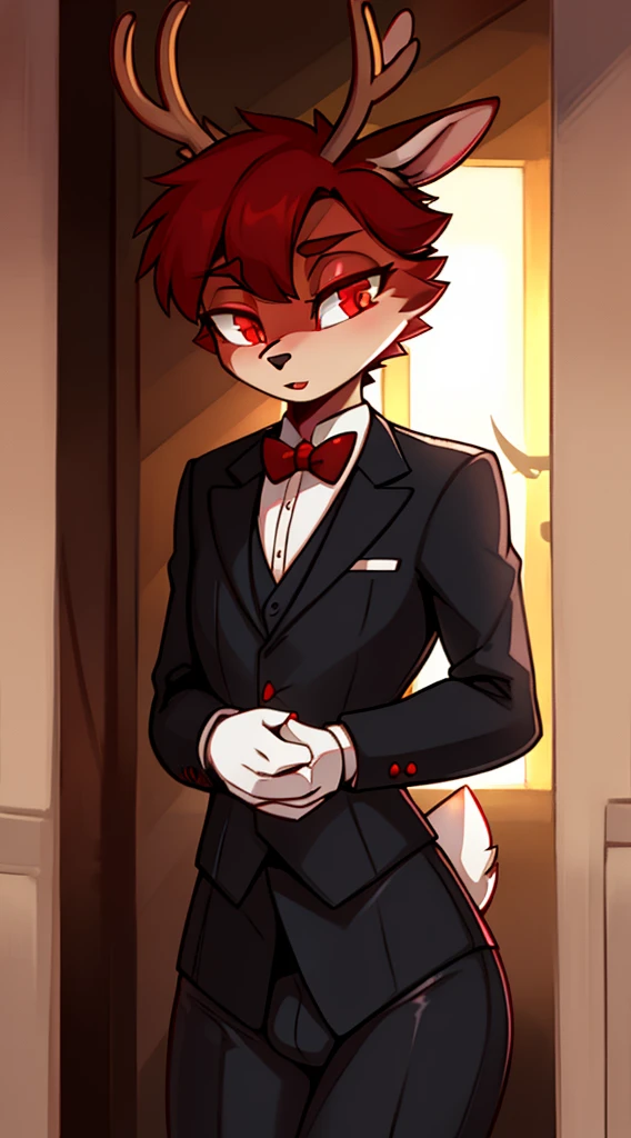 Best Quality, super detailed illustration, (1 boy:1.2), (furry deer:1.4) , The body is like a girl's, Short Hair Hair, Dressed as a butler, scarlet eyes, gloomy atmosphere