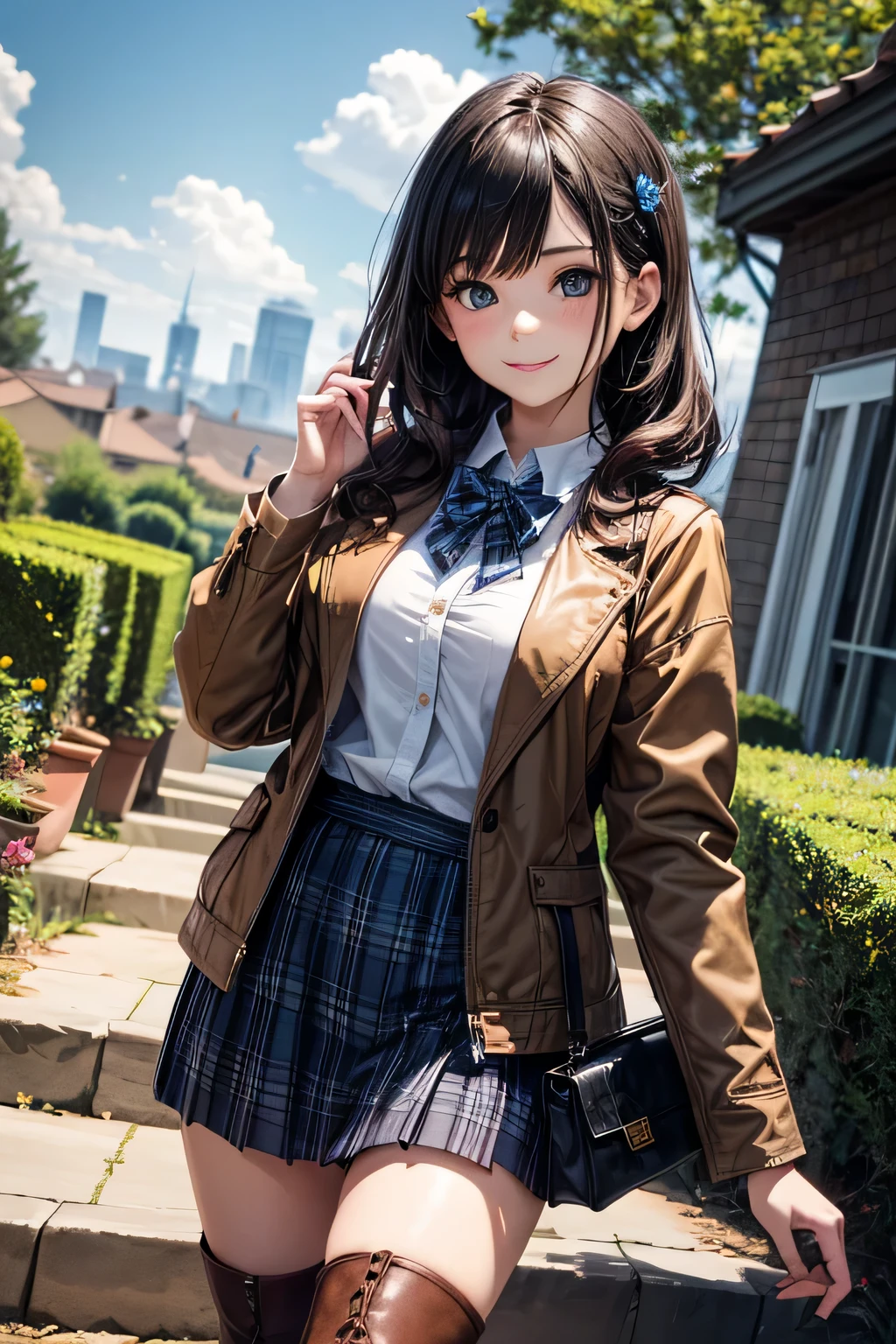 Very cute and beautiful girl,(very detailed beautiful face and eyes:1.2),Smile,Cowboy Shot,
(Brown jacket:1.2),Collared shirt,Checkered bowtie BREAK Detailed legs,zettai ryouiki,Brown shoulder bag,(Brown boots:1.2),
stylish pose,Dynamic Angle,Hair Ornament,Black hair,(Blue plaid mini skirt:1.2),Rose garden arbor,stone stairs,
(Best Quality,masutepiece:1.2),(Intricate details:1.2),Extremely detailed,Ultra-detailed,hight resolution,Solo,Natural lighting,
Hair fluttering in the wind,Beautiful detailed sky,