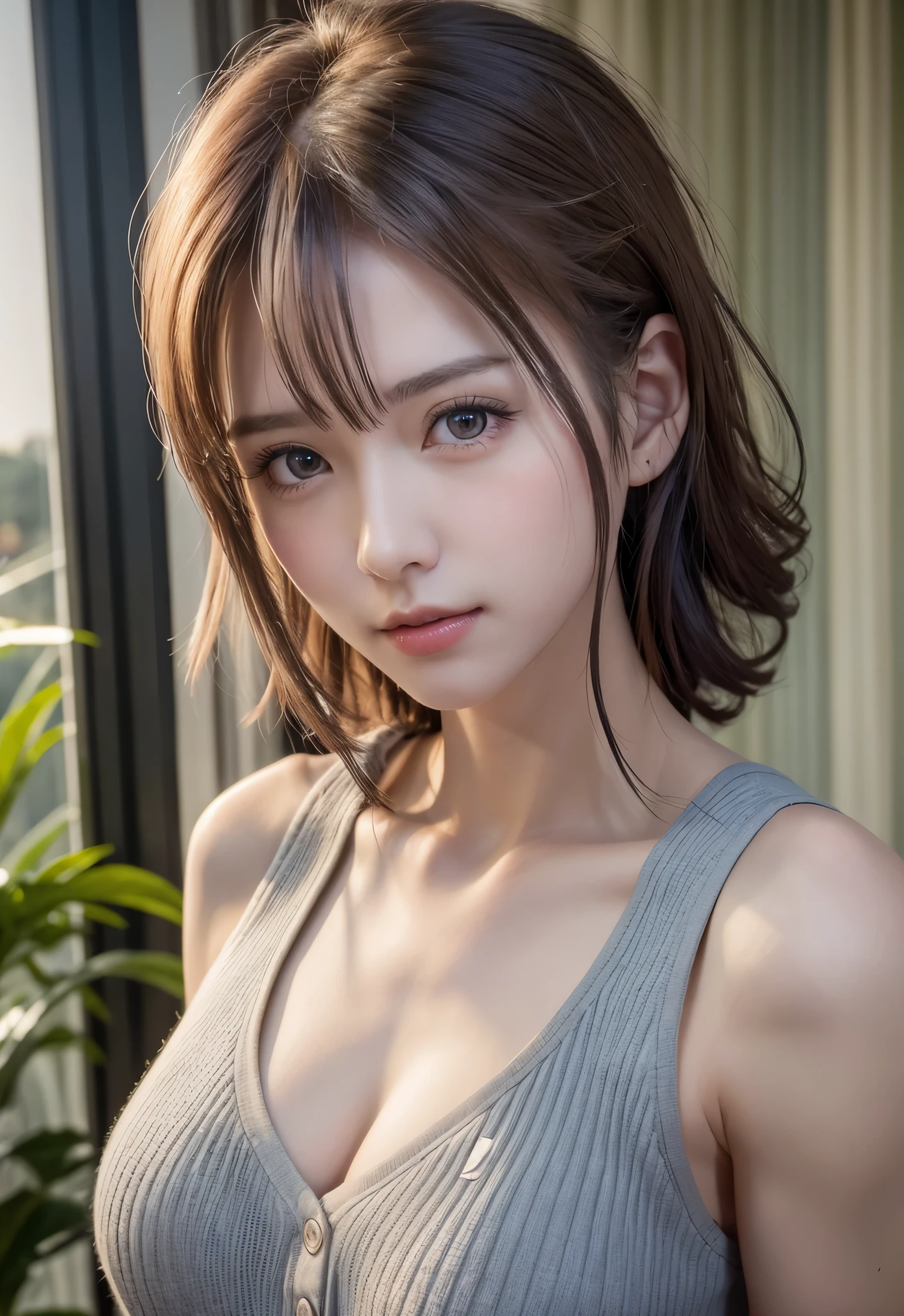 (8K, Photorealistic, Raw photo, of the highest quality: 1.3), (1girl in), Super beautiful, (Realistic face), (boyish, Silver Color Berry Shorthair), Beautiful , Glare that captivates the viewer, Beautiful expression, Beautiful breasts, (Realistic skin), Be...