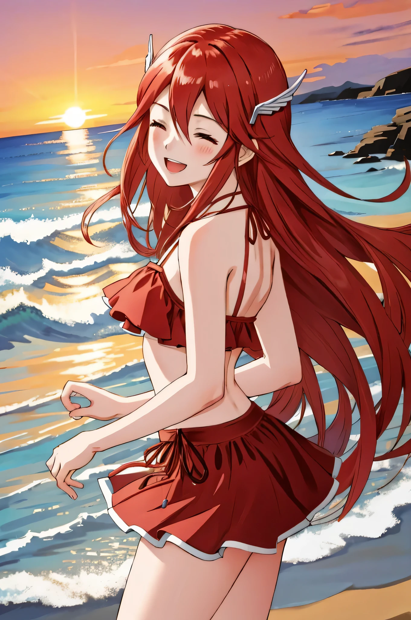 cordelia fe, 1girl, solo, looking at viewer, beach background, :d, red bikini, miniskirt, eyes closed, laughing, from side, hair ornament, sunset, cowboy shot