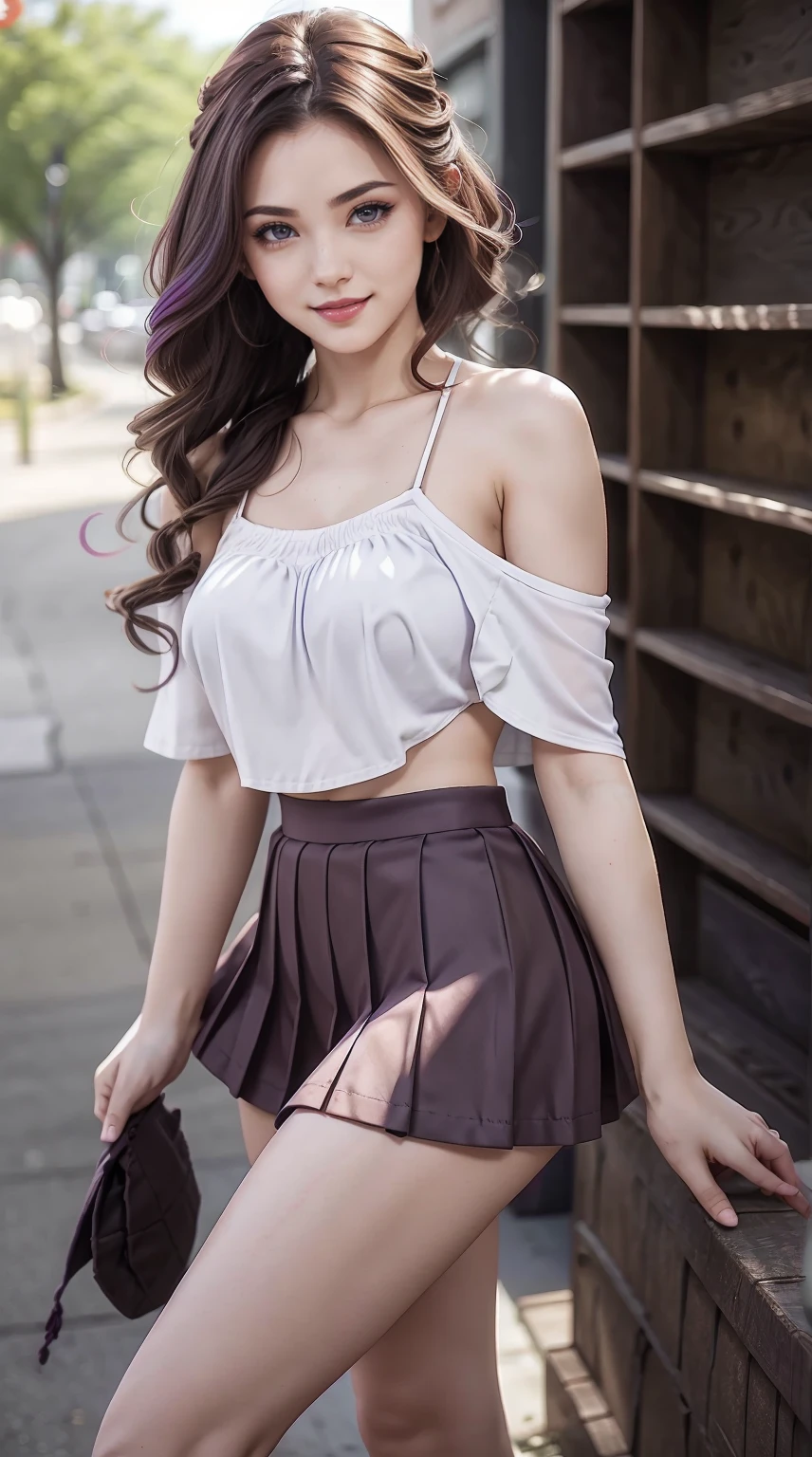 19-year-old woman、Hair color is a gradation of brunette and purple、Eye color is blue、Longhaire、hair is wavy、setting the hairstyle、wearing eye shadow and lipstick、Slender but well-proportioned muscular body、a smile、huge tit、wearing a pleated skirt、wearing off-the-shoulder tops、膝丈のwearing a pleated skirt、I'm picking up my skirt and spreading it open、a smile