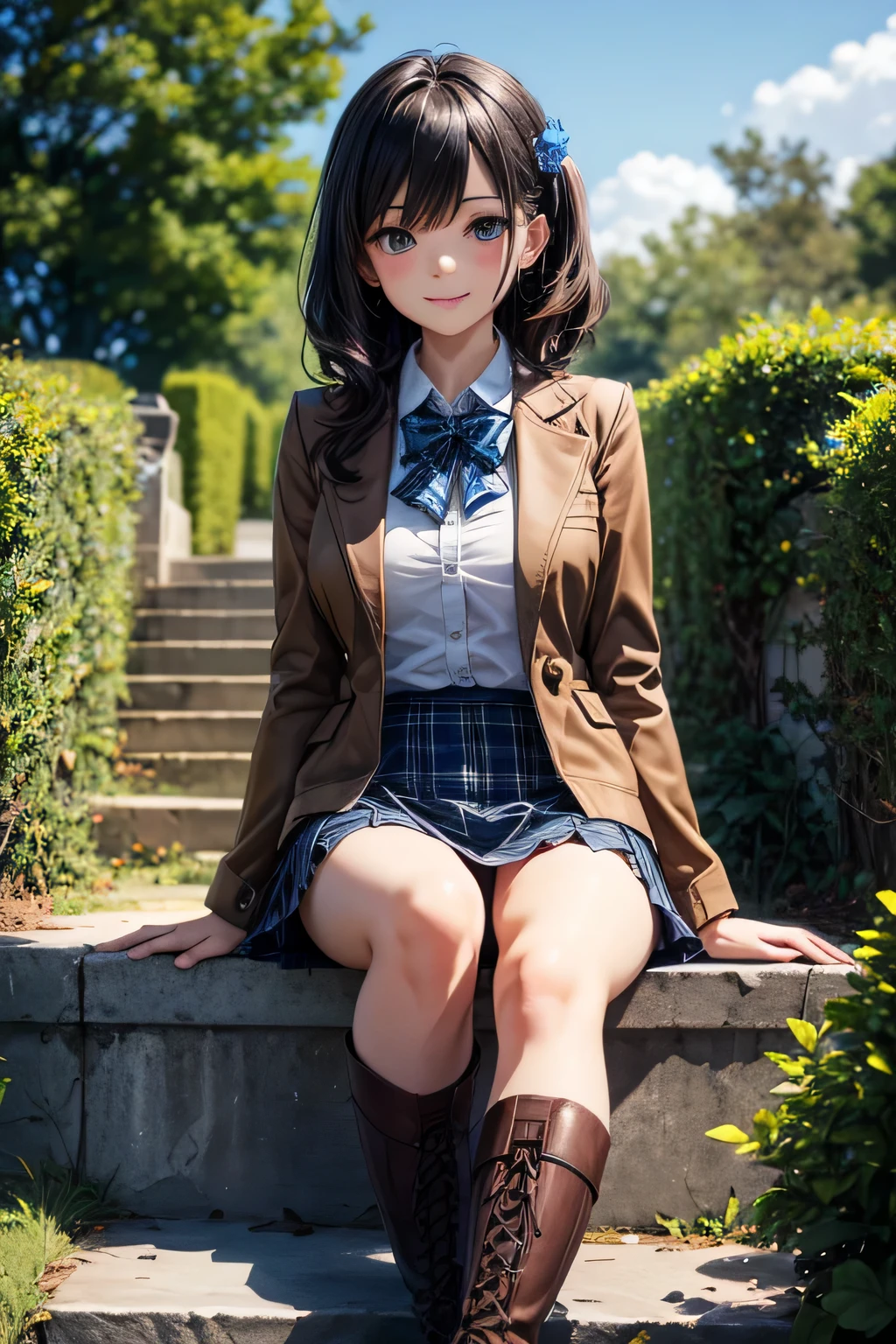 Very cute and beautiful girl,(very detailed beautiful face and eyes:1.2),Smile,Cowboy Shot,
(Brown jacket:1.2),Collared shirt,Checkered bowtie BREAK Detailed legs,zettai ryouiki,Brown shoulder bag,(Brown boots:1.2),
stylish pose,Dynamic Angle,Hair Ornament,Black hair,(Blue plaid mini skirt:1.2),Rose garden arbor,stone stairs,
(Best Quality,masutepiece:1.2),(Intricate details:1.2),Extremely detailed,Ultra-detailed,hight resolution,Solo,Natural lighting,
Hair fluttering in the wind,Beautiful detailed sky,