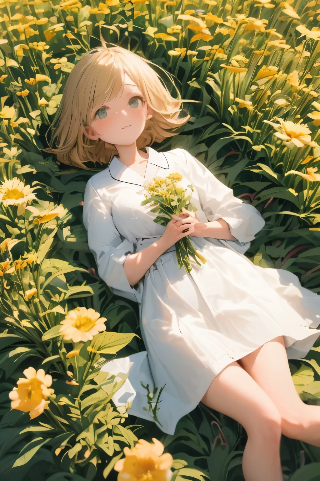 parfect anatomy、one girls、Very delicate and beautiful woman、short-hair、lying in a beautiful flower field、Lying on your back、robe blanche、artistic、top-quality、ultra-detailliert、masuter piece、8k、Captured from above、Professional Photographer、50mmlens
