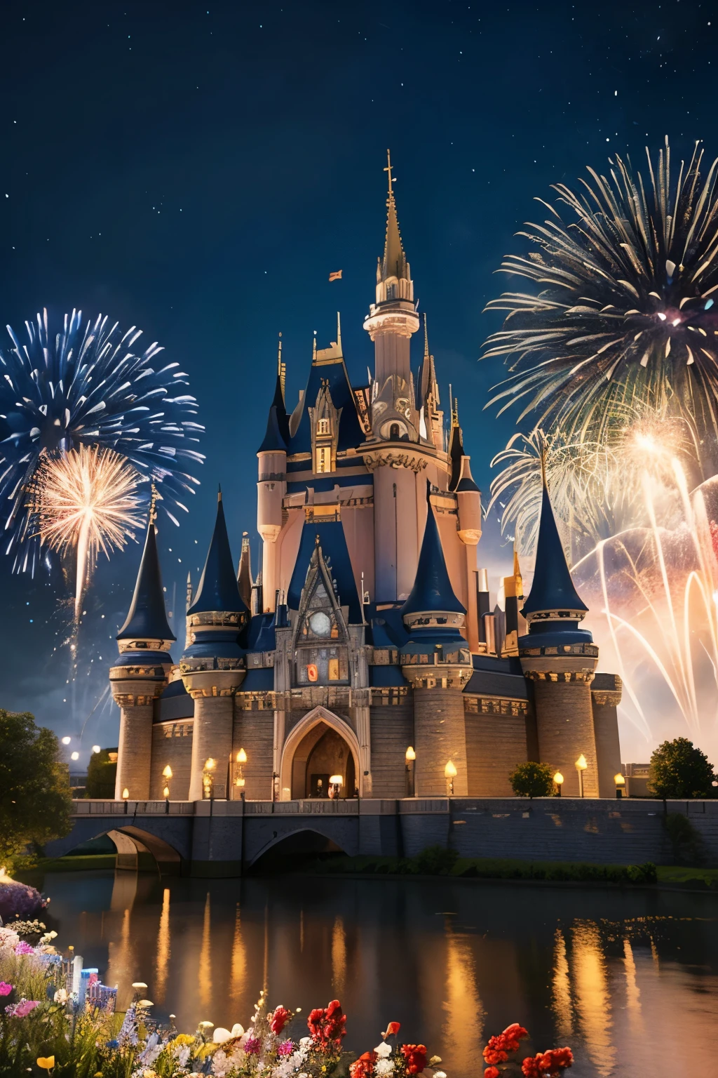 Castle 3D rendering poster,pixar-style,spacious outlook,high-definition quality,Fireworks bloom in the night sky