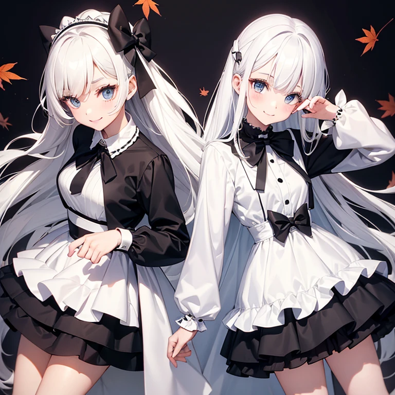 A girl,white hair, wearing Women Autumn Fake Two Piece Black White Dress Long Sleeve Sweet Bow Collar Elegant Chic Dresses Female Fall Clothing Vestido, smiling face, looking at viewer