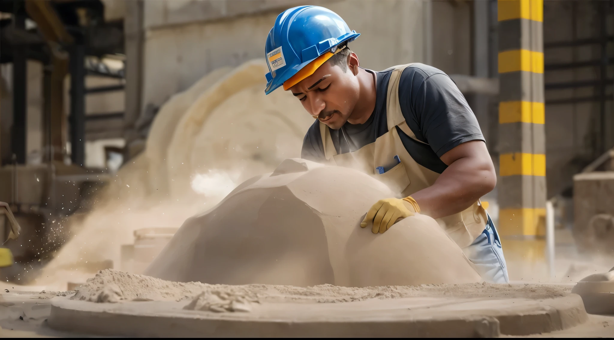 arafed worker in a hard hat and blue helmet working on a dust cement forming a circle, clay material, advertising photo, cement, photo taken in 2 0 2 0, hard clay, industrial photography, sand particles, made of cement, people at work, working hard, motivational, illustration, man carving himself out of stone, industries, workers, portrait shot, stone dust, realistic image, 16k resolution