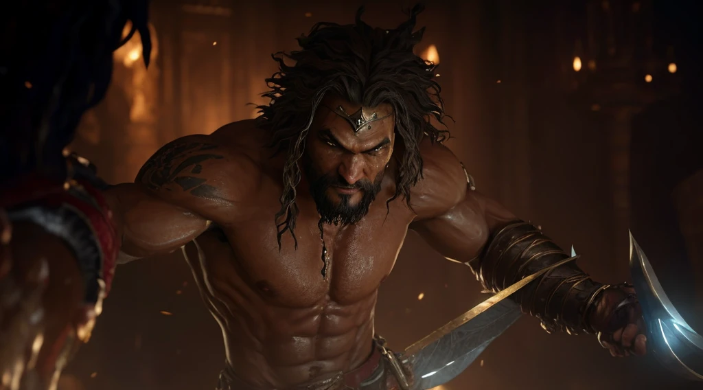 arafed man with a sword in a dark room, ps5 cinematic screen capture, many scars. cinematic lighting, ps 4 in - game cinematic, jason momoa as conan, handsome prince of persia, detailed cinematic render, unreal engine', square enix cinematic art, jason momoa as assyrian, in-game cinematic, detailed cinematic shot, sharp focus cinematic lighting