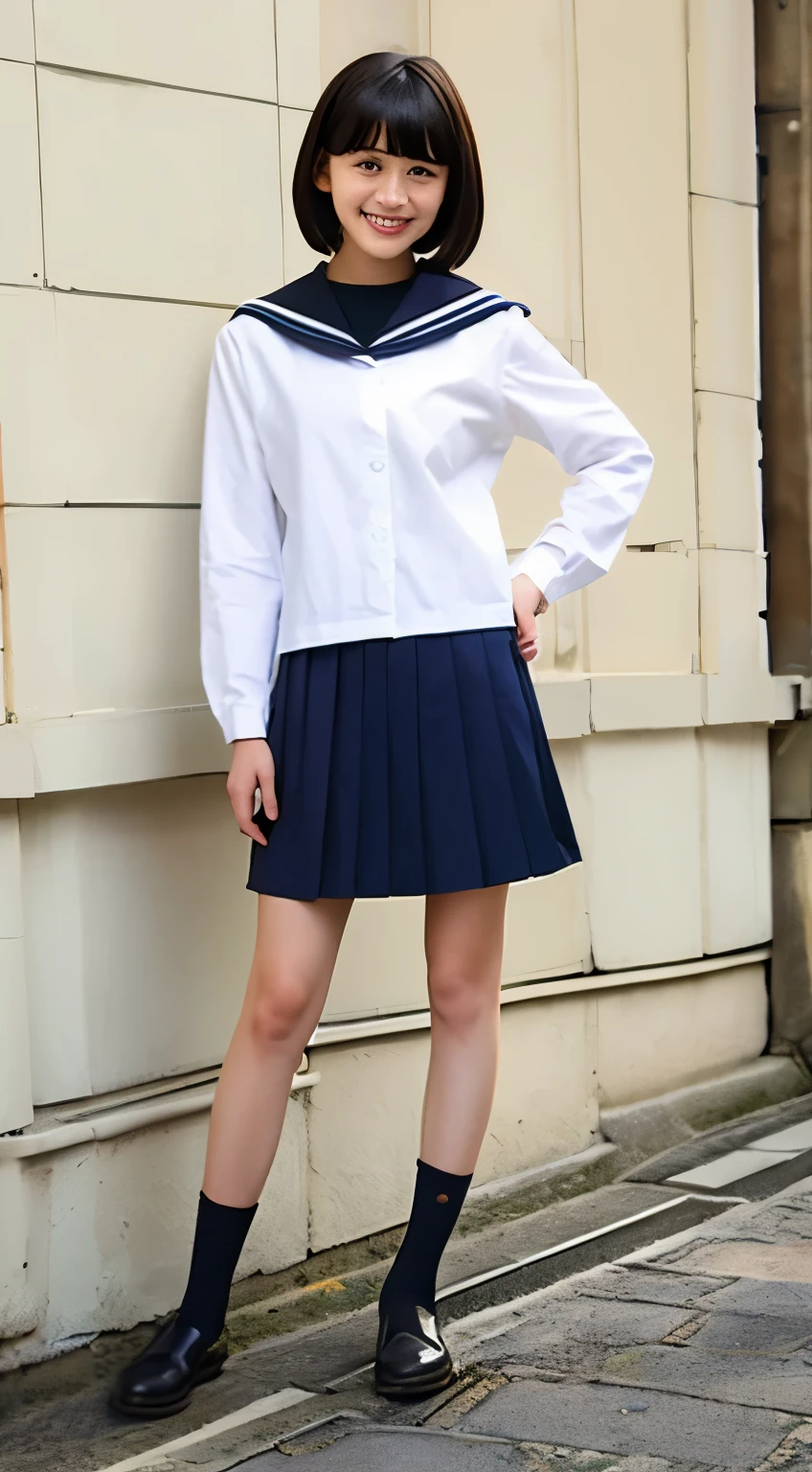 a japanese girl、独奏、Stand with your legs open、full body seen、Dark hair、Beautiful hair、straight haired、shorth hair、Short bob cut、light skinned、Smiling smile、A slight smil、Looking at the camera、studio photo、Professional Writing、Natural Skin、sixteen years old、hi-school girl、a miniskirt、a sailor suit、Summer use、both hands on hip、without background、slightly thicker legs、short sock rack loafers、Leather shoes､a sailor suitのリボン、Height 160cm、Weight 45kg、