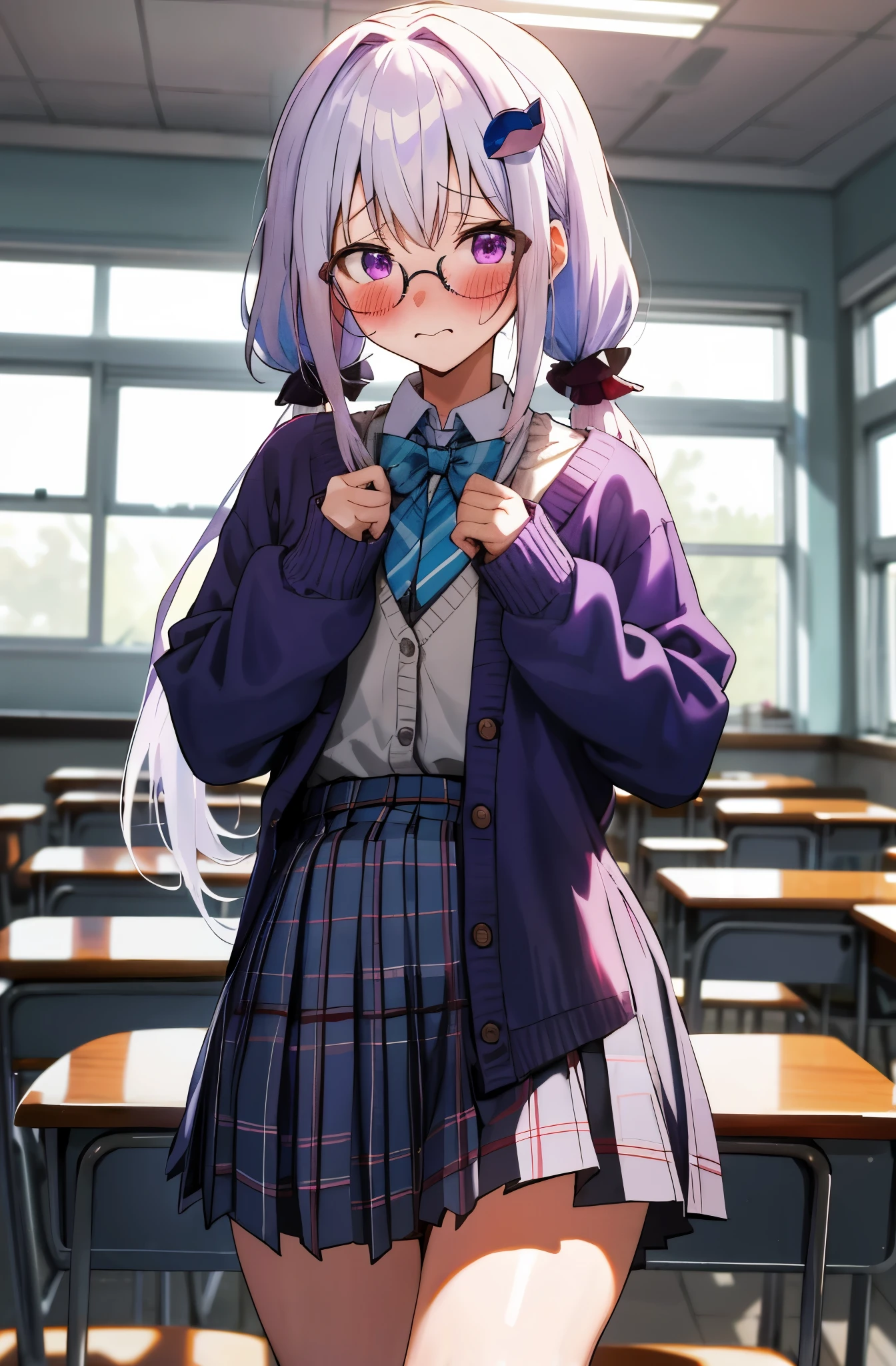 One girl with pig tails hair, white hair, banglue inner hair:1.25) , purple eyes, looking at viewer, blushing, embarrassed, (embarrassed:1.2), school uniform, plaid mini skirt, cardigan, glasses, indoor, classroom, slim, dizzy, mid-chest, wide hips, perfect waist, day atmosphere, hair ornament, standing