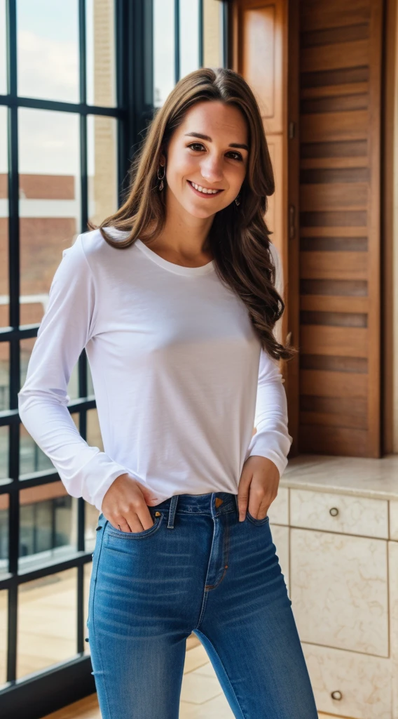 smiling woman with long brown hair and green eyes, beautiful, gorgeous, attractive, jessie mei li-danielle galligan-kate middleton-eden epstein-adelaide kane-melanie lynskey-madeline zima-alanna masterson-troian bellisario-shailene woodley-jessica lowndes-katrina kaif merged, entire body visible, full body, hyperrealistic, real human skin, best quality, 8K, masterpiece, extremely intricate, detailed eyes, detailed face, detailed body, exaggerated features, pronounced features, fujifilm, wearing a long sleeve tshirt with a plunging neckline, wearing jeans and blacl leather boots, standing in front of a building, medium closeup, slim slender figure, thin