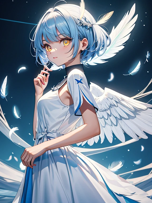 ((​masterpiece、top-quality:1.5、a high chroma:1.5、ultra-detailliert、high-resolution illustrations:1.5、Ultra-high-definition CG、8k size wallpaper、offcial art))、,(highly colorful:1.5),(front view:1.5),(1 angel girl),(Cute little girl:1.5)、(Shining yellow eyes:1.5),(Beautiful face:1.5,Beautiful eyes:1.5)、(close to viewer:1.5),
(clearface:1.3)、(sexy body),(ultra-thin dress:1.5), (Beautiful ultra-thin dress every detail),(a halo shines),(medium breasts:1.5),、(cowboy shot:1.5)、(glowing Feathers:1.5),(glowing angel wings:1.5),( Fluttering feathers:1.3),colourfull、