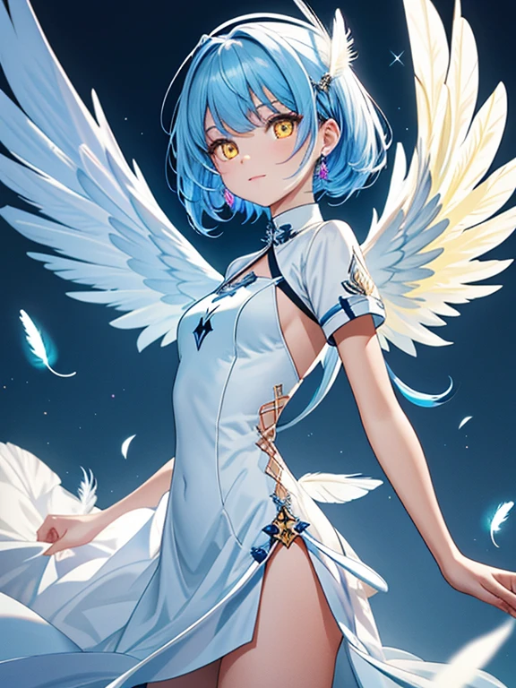 ((​masterpiece、top-quality:1.5、a high chroma:1.5、ultra-detailliert、high-resolution illustrations:1.5、Ultra-high-definition CG、8k size wallpaper、offcial art))、,(highly colorful:1.5),(front view:1.5),(1 angel girl),(Cute little girl:1.5)、(Shining yellow eyes:1.5),(Beautiful face:1.5,Beautiful eyes:1.5)、(close to viewer:1.5),
(clearface:1.3)、(sexy body),(ultra-thin dress:1.5), (Beautiful ultra-thin dress every detail),(a halo shines),(medium breasts:1.5),、(cowboy shot:1.5)、(glowing Feathers:1.5),(glowing angel wings:1.5),( Fluttering feathers:1.3),colourfull、