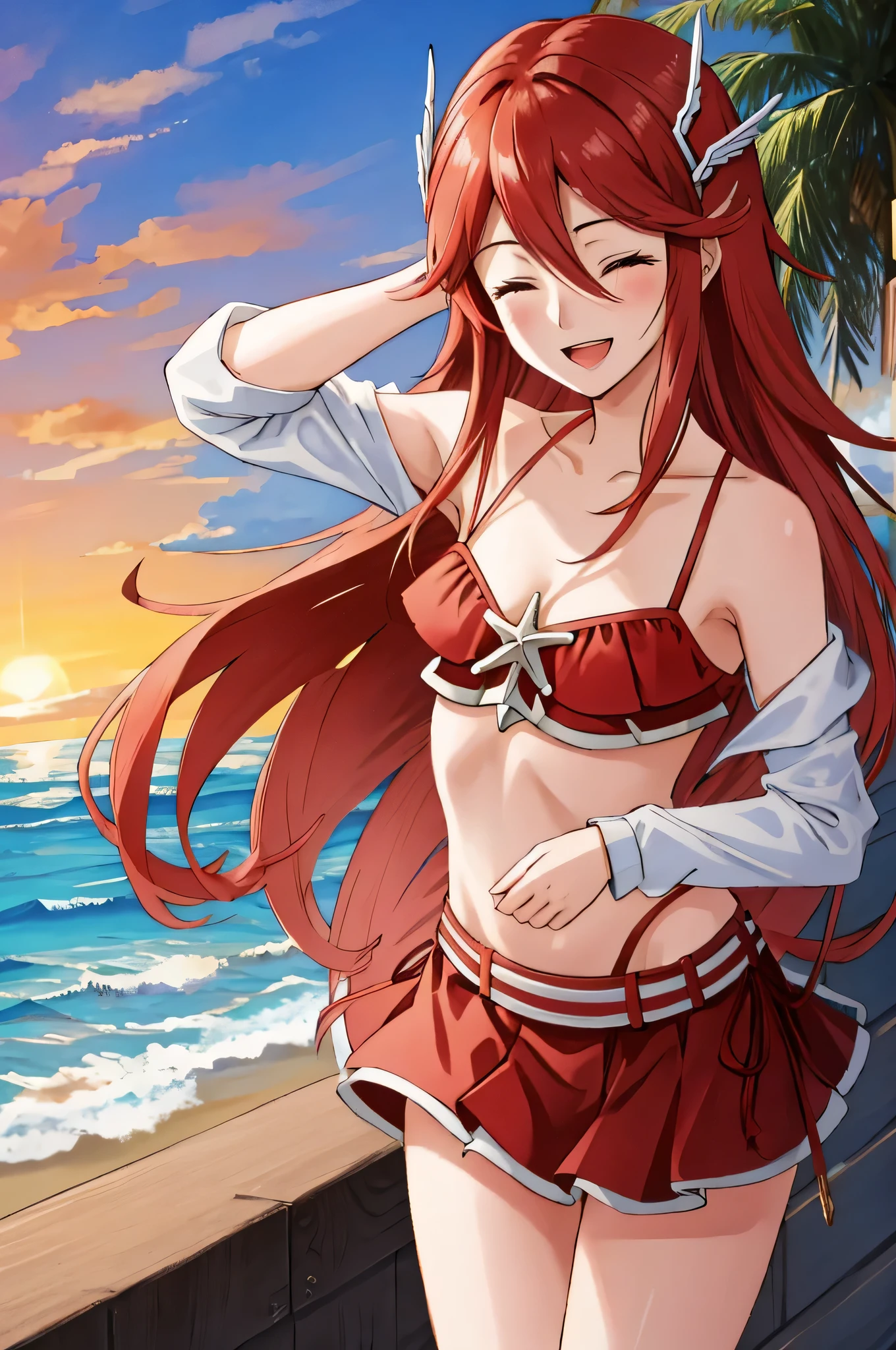 cordelia fe, 1girl, solo, looking at viewer, beach background, :d, red bikini, miniskirt, eyes closed, laughing, leaning forward, cleavage, small breasts, hair ornament, sunset, cowboy shot