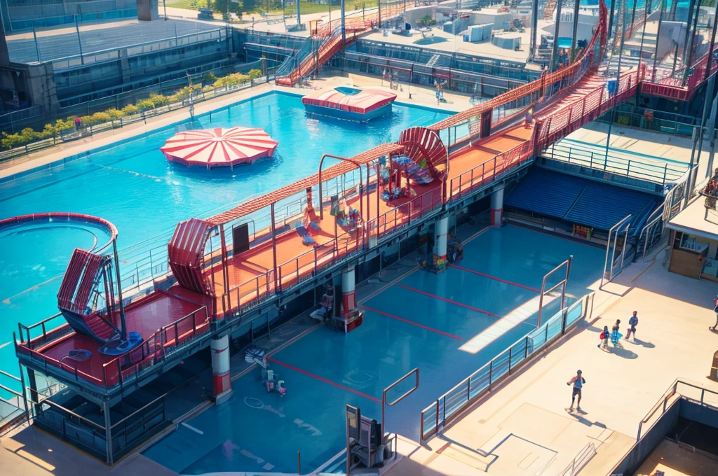 Aerial view of am amusement park with  empty swimming pool in the middle ,full pipe attatched   ,stairs at the end ,swings and trampolines and children games in the scene, bright and vibrant light shining, with iridescent light, scifi art, cinematic lighting, artgerm style, 32k, ultra HD, unreal engine rendered, octane 3d rendering, highly detailed images
