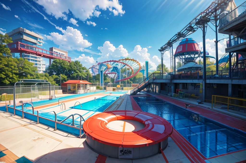 Aerial view of am amusement park with empty swimming pool in the middle ,full pipe attatched ,stairs at the end ,swings and trampolines and children games in the scene, bright and vibrant light shining, with iridescent light, scifi art, cinematic lighting, artgerm style, 32k, ultra HD, unreal engine rendered, octane 3d rendering, highly detailed images