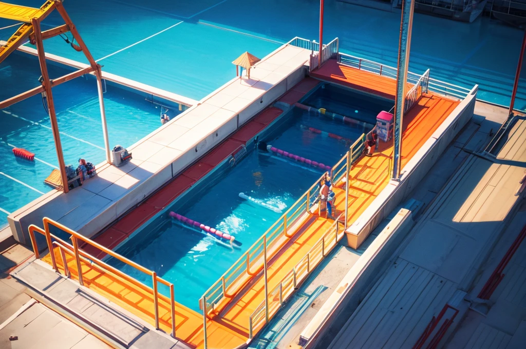 Aerial view of am amusement park with  empty swimming pool in the middle ,full pipe attatched   ,stairs at the end ,swings and trampolines and children games in the scene, bright and vibrant light shining, with iridescent light, scifi art, cinematic lighting, artgerm style, 32k, ultra HD, unreal engine rendered, octane 3d rendering, highly detailed images
