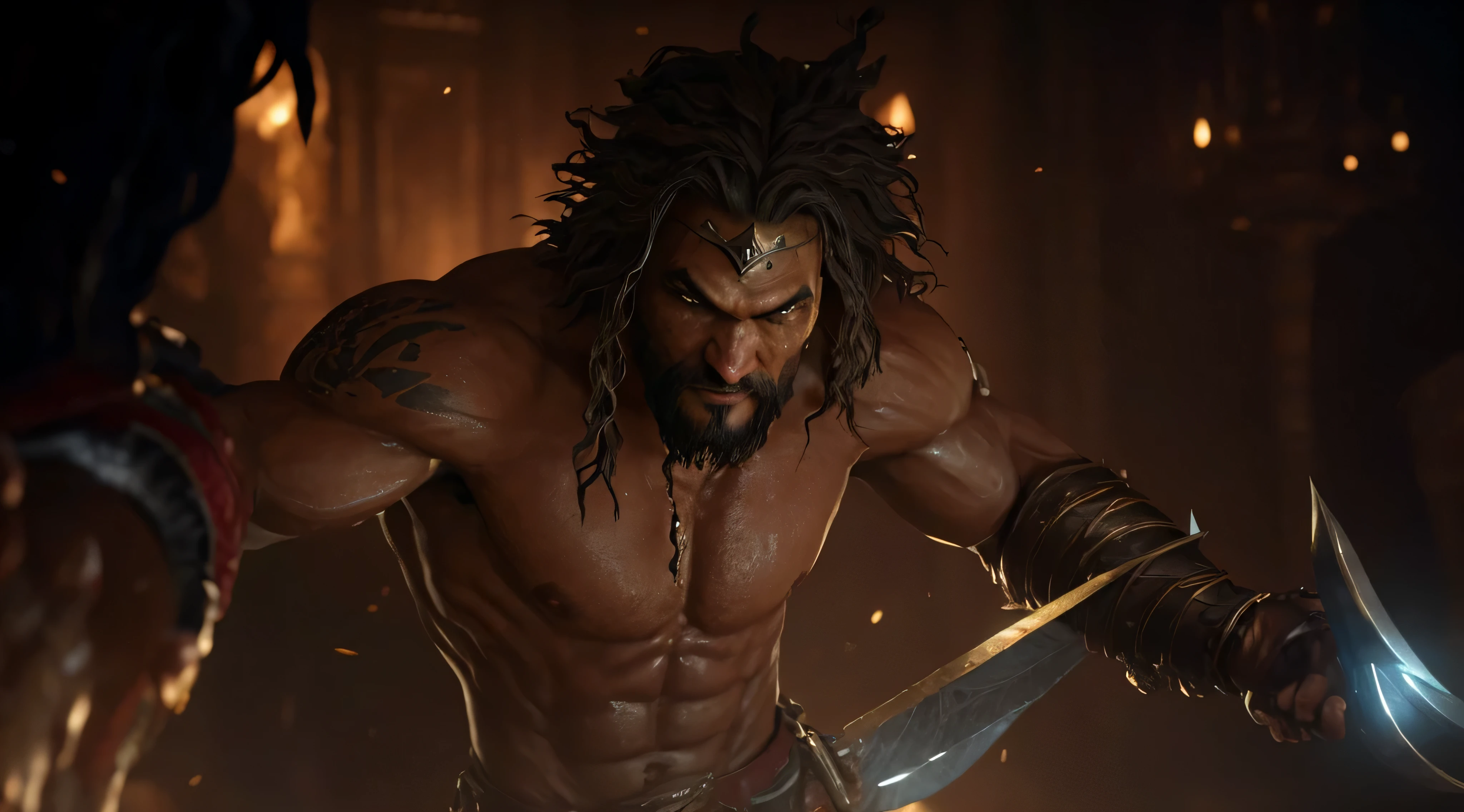 arafed man with a sword in a dark room, ps5 cinematic screen capture, many scars. cinematic lighting, ps 4 in - game cinematic, jason momoa as conan, handsome prince of persia, detailed cinematic render, unreal engine', square enix cinematic art, jason momoa as assyrian, in-game cinematic, detailed cinematic shot, sharp focus cinematic lighting