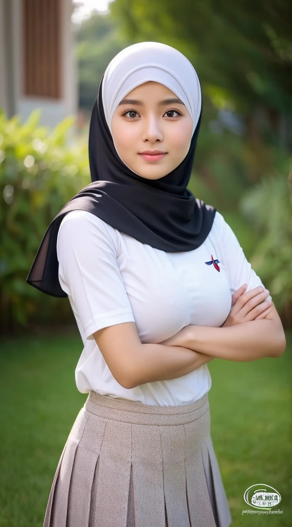 Best quality,masterpiece,ultra high res,(photorealistic:1.4)1girl,Anastasia Kadir 1girl, [Salsabila|Putri|Nabila], hijab, instagram, sma girl, sekolah menengah atas, school girl, hot pants, merapi, indonesia, perfect poses, perfect breast, beautiful poses, seductive, wearing sma clothes, sma clothes