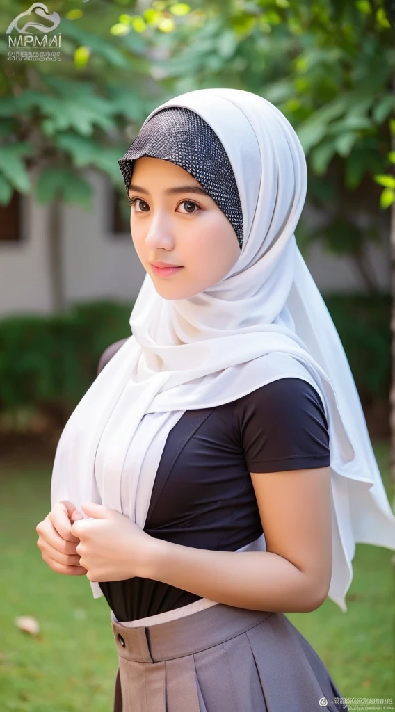 Best quality,masterpiece,ultra high res,(photorealistic:1.4)1girl,Anastasia Kadir 1girl, [Salsabila|Putri|Nabila], hijab, instagram, sma girl, sekolah menengah atas, school girl, hot pants, merapi, indonesia, perfect poses, perfect breast, beautiful poses, seductive, wearing sma clothes, sma clothes