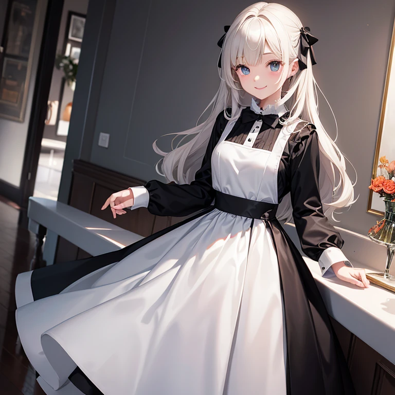 A 25 years girl wearing Autumn Fake Two Piece Black White Dress Long Sleeve Sweet Bow Collar Elegant Chic Dresses Female Fall Clothing Vestido, smiling face, looking at viewer