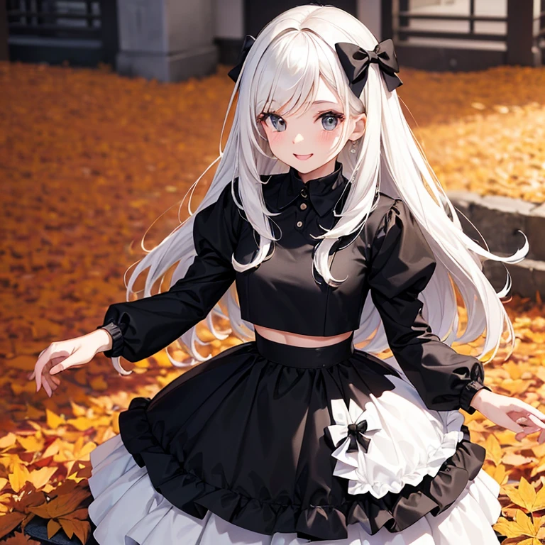 A 25 years girl wearing Autumn Fake Two Piece Black White Dress Long Sleeve Sweet Bow Collar Elegant Chic Dresses Female Fall Clothing Vestido, smiling face, looking at viewer