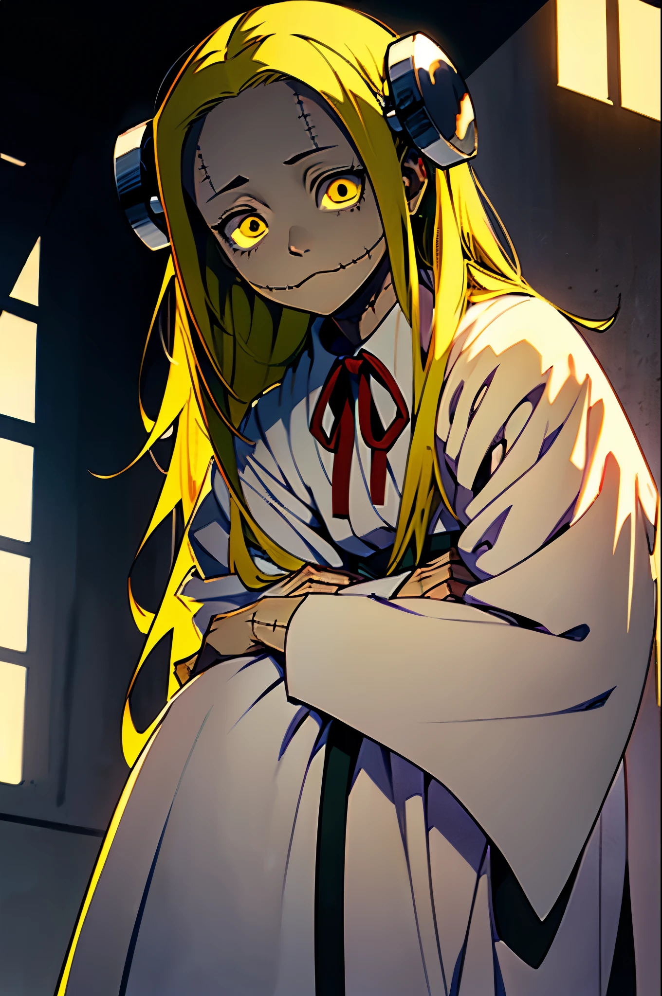 Madaraki_Fran,A girl ,draws on an easel,the madhatter ,surgeon'gown ,Clean hands, hairlong , yellow hair,seams , Scars on the body , A creepy look , scary eyes , An intimidating look , creepy smile , bags under eyes, ((((Tired))))