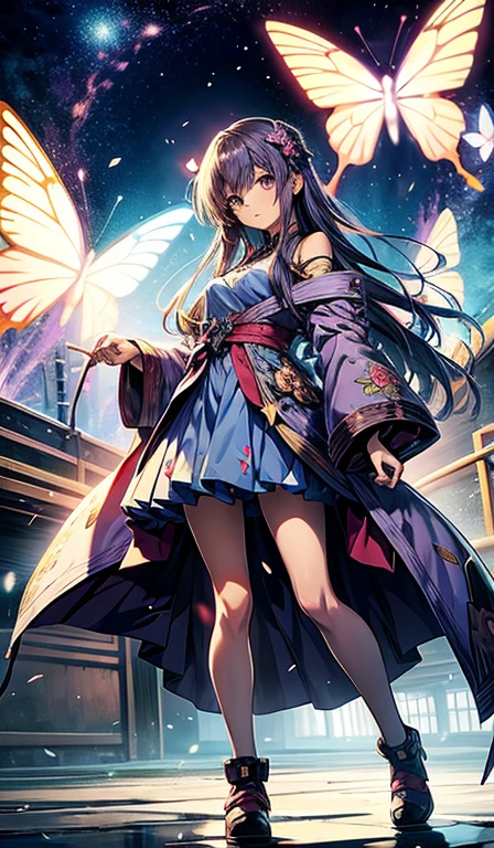 Anime girl in a short dress holding a purple butterfly, an anime drawing by Kamagurka, Pixiv Contest Winner, shin hanga, anime moe art style, Misato Katsuragi, marin kitagawa fanart, High quality anime art style, Anime visuals of cute girls, style of magical little girl, Official art, magical little girl, portrait of magical little girl,Swimsuit like a string,opening legs,