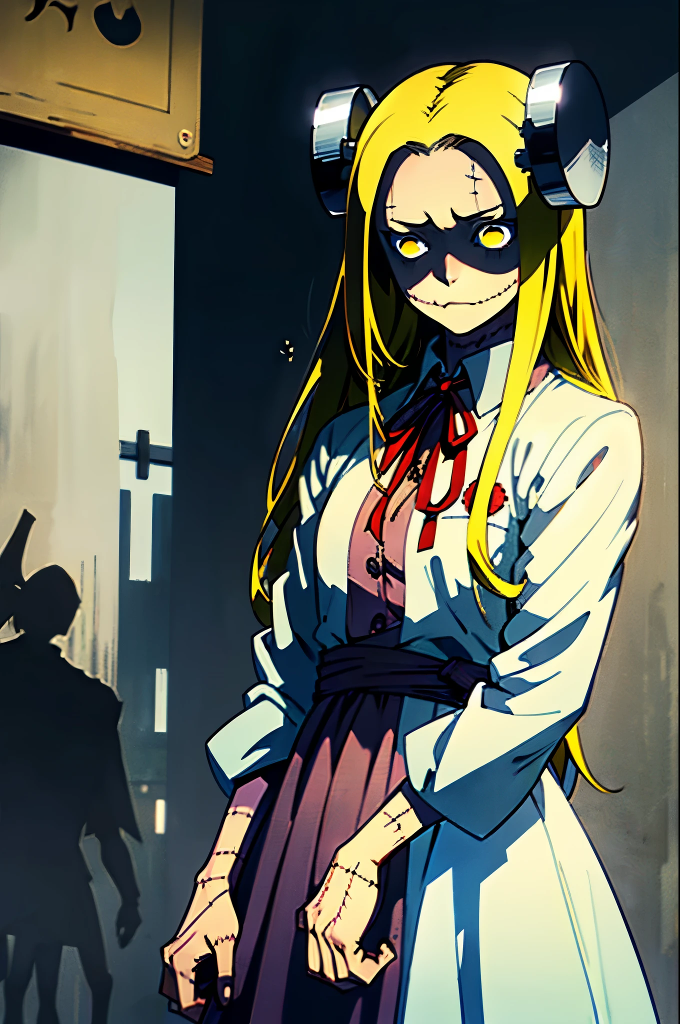 Madaraki_Fran,A  girl ,draws on an easel,the madhatter ,surgeon&#39;gown ,Clean hands, hairlong , yellow hair,seams , Scars on the body , A creepy look , scary eyes , An intimidating look , creepy smile , bags under eyes, ((((Tired))))