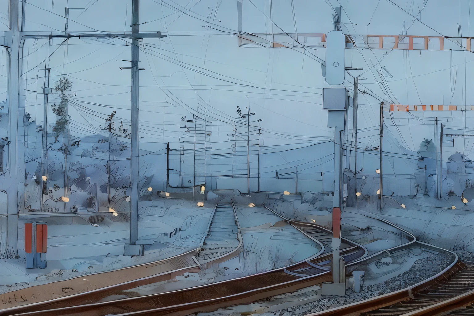 a Sketch, Sketch,pen_Sketch_style of?there are many train tracks that are running through the city, Rails, trains in the background, Railways, train, platform, Railway tracks, trains, Hans Schwartz, platforms, electrical signals, mixed art, train station background, Author: Tobias Stimmer, by Thomas Häfner, 90 60 90, Thoughtful composition, Werner Gutzeit