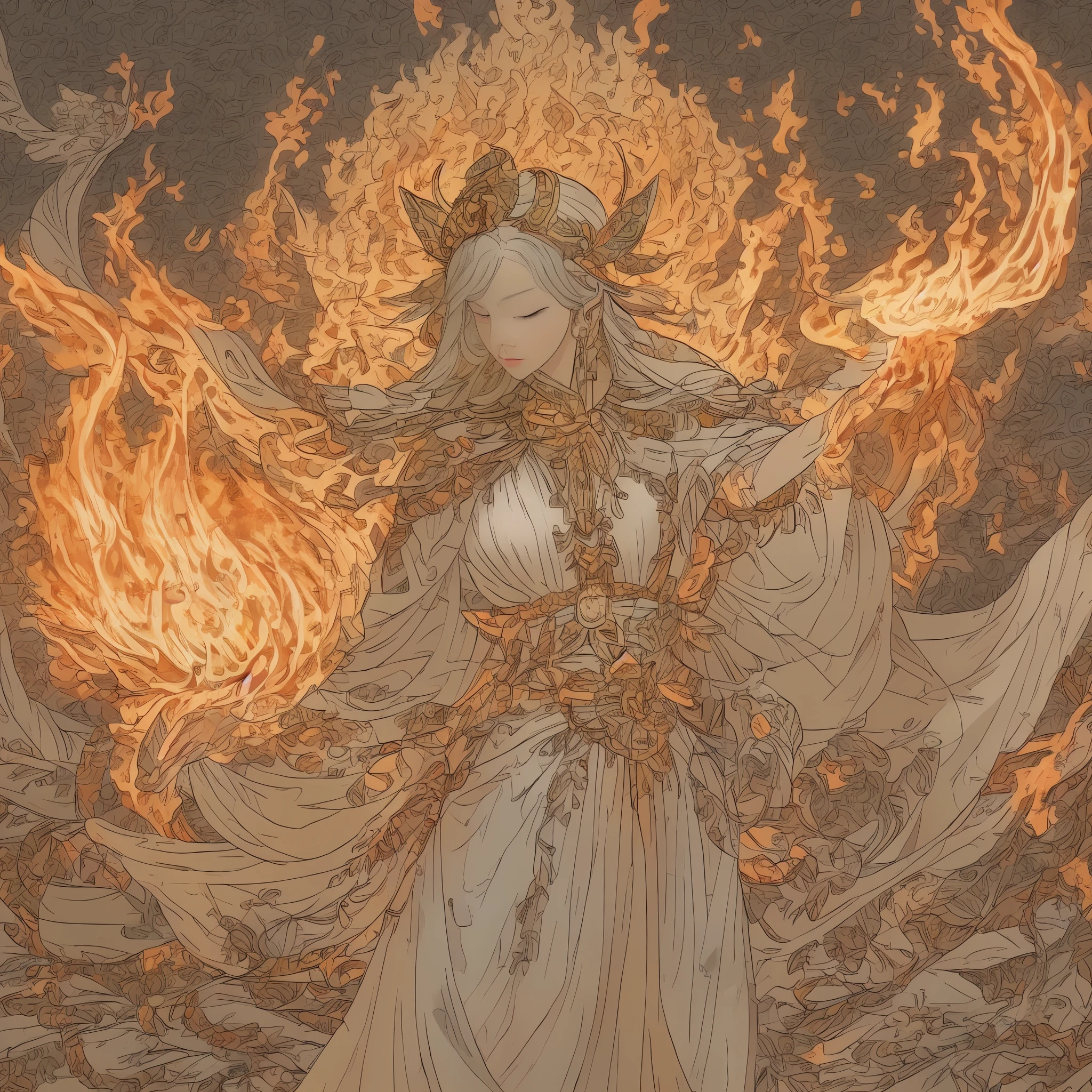 High Frequency: 1.8, rich detail, masutepiece, 8K, Beautiful priestess in pink shirt standing in front of fire, Dancing, Waving Fan, Fun on Fire, Flames surround the priestess, Burn battlefield background,  top-quality、sharp contour lines