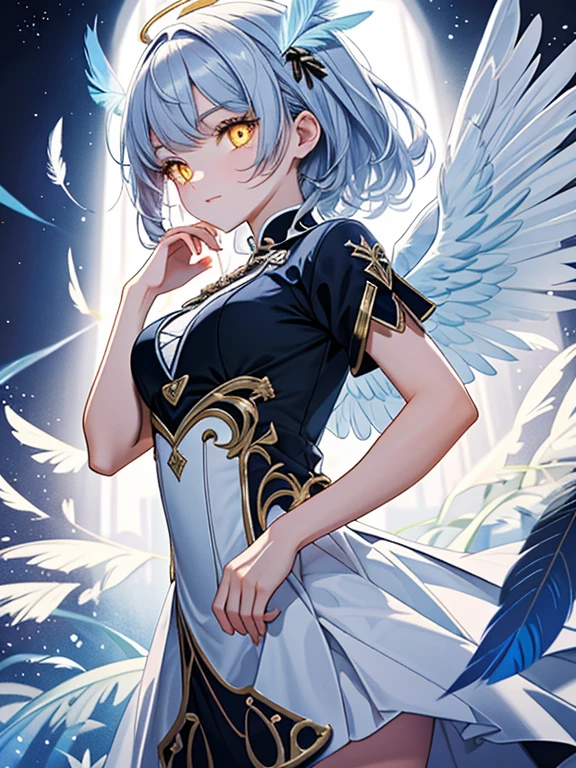 ((masterpiece、top-quality:1.5、a high chroma:1.5、ultra-detailliert、high-resolution illustrations:1.5、Ultra-high-definition CG、8k size wallpaper、offcial art))、,(highly colorful:1.5),(front view:1.5),(1 angel girl),(Cute little girl:1.5)、(Shining yellow eyes:1.5),(Beautiful face:1.5,Beautiful eyes:1.5)、(close to viewer:1.5),
(clearface:1.3)、(sexy body),(ultra-thin dress:1.5), (Beautiful ultra-thin dress every detail),(a halo shines),(medium breasts:1.5),、(cowboy shot:1.5)、(glowing Feathers:1.5),(glowing angel wings:1.5),( Fluttering feathers:1.3),colourfull、