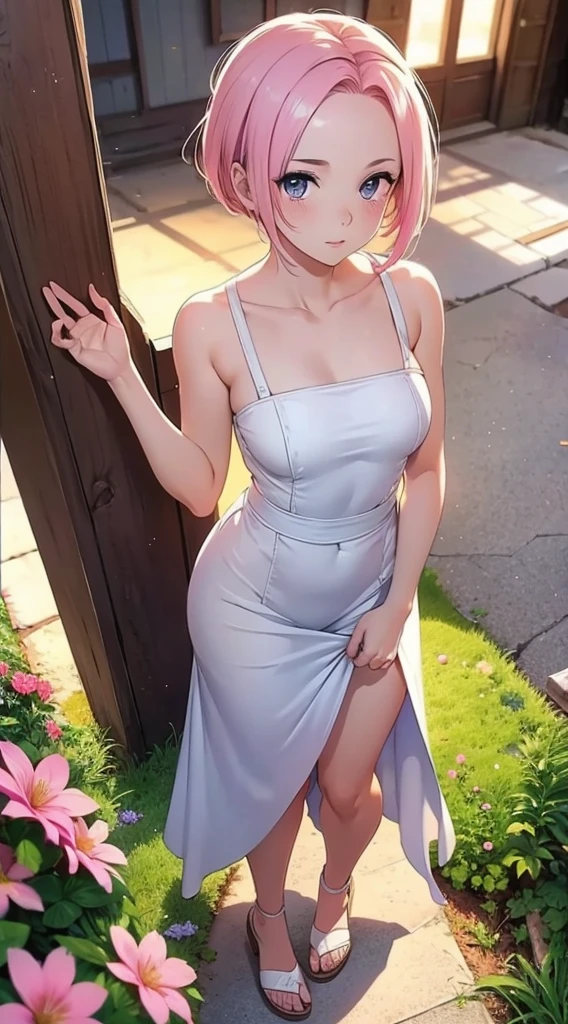 Sakura haruno, ((solo)), alone, bride, wearing a white wedding dress, queen, happy, ((forehead to show)), standing, entering the church, pink hair, short hair, delicate, young, short hair, detailed face, high definition, ((full body)), (flowers around her), full body, she is a beautiful woman getting married, face with high quality, beautiful, radiant