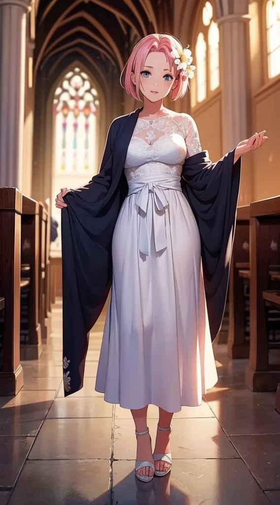 Sakura haruno, ((solo)), alone, bride, wearing a white wedding dress, queen, happy, ((forehead to show)), standing, entering the church, pink hair, short hair, delicate, young, short hair, detailed face, high definition, ((full body)), (flowers around her), full body, she is a beautiful woman getting married, face with high quality, beautiful, radiant