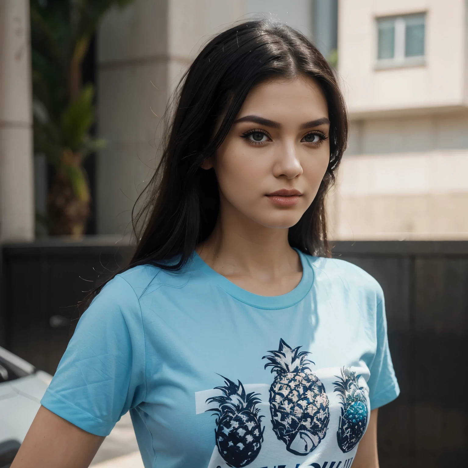 best quality,highres,ultra-detailed,realistic:1.37, intercate face details, black hair, makeup, eyeliner, good proportions, sexiest quality, close up portrait, facing forward, casual background, light blue t-shirt with pineapple logo