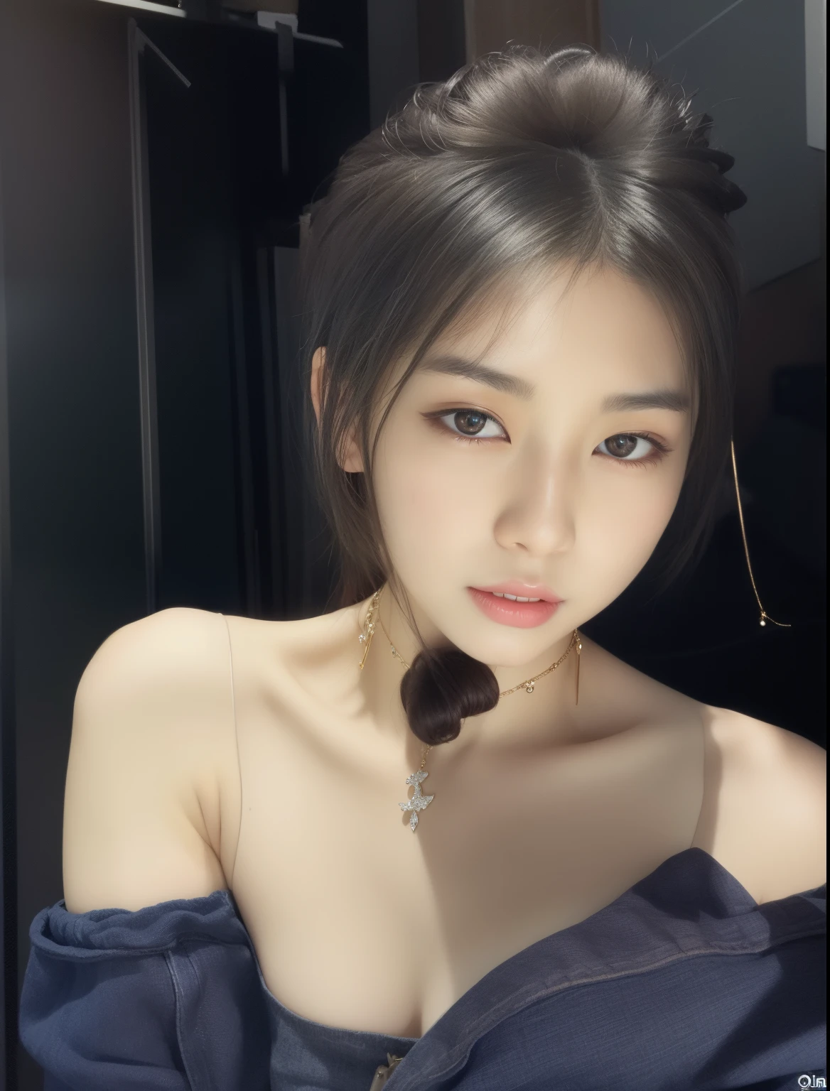 Close-up of a woman wearing a white dress and necklace, xintong chen, Xision Wu, wenfei ye, cai xukun, beautiful Korean women, gorgeous young korean woman, chengyou liu, 奈良美智, yun ling, Di Li Gerba, beautiful young korean woman, qifeng lin,A platinum necklace around the neck,no black flowers,