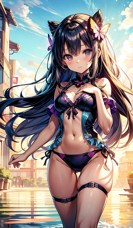 Anime girl in a short swimsuit holding a purple butterfly, The bikini,an anime drawing by Kamagurka, Pixiv Contest Winner, shin hanga, anime moe art style, Misato Katsuragi, marin kitagawa fanart, High quality anime art style, Anime visuals of cute girls, style of magical , Official art, magical little girlof magical little girl,opening le