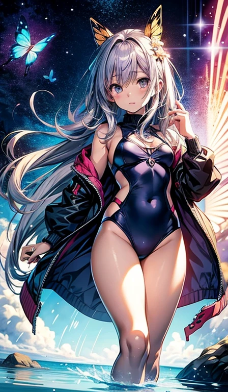 Anime girl in a short swimsuit holding a purple butterfly, The bikini,an anime drawing by Kamagurka, Pixiv Contest Winner, shin hanga, anime moe art style, Misato Katsuragi, marin kitagawa fanart, High quality anime art style, Anime visuals of cute girls, style of magical , Official art, magical little girlof magical little girl,opening le