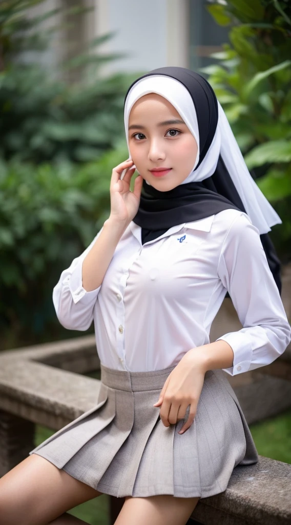 Best quality,masterpiece,ultra high res,(photorealistic:1.4)1girl,Anastasia Kadir 1girl, [Salsabila|Putri|Nabila], hijab, instagram, sma girl, sekolah menengah atas, school girl, merapi, indonesia, perfect poses, perfect breast, beautiful poses, seductive, wearing sma clothes, sma clothes, wearing school uniform, school clothes