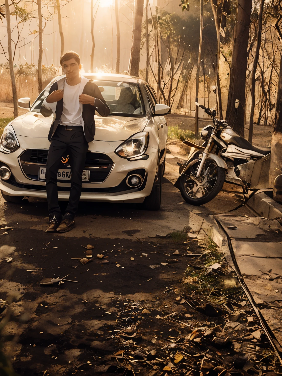 Car, bullet, natural background, realistic face, smart boy