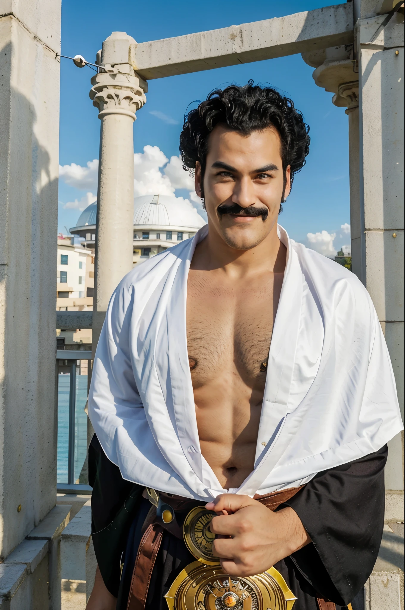 mr satan,1boy, solo,upper body, black hair,blue eyes, brown dougi,black championship belt,black belt,slight smile,looking at viewer,mustache,afro,white cape, sky, city in the background,,thumbs up,pectoral cleavage,looking at viewer,chest hair,muscular male,(best quality, masterpiece)