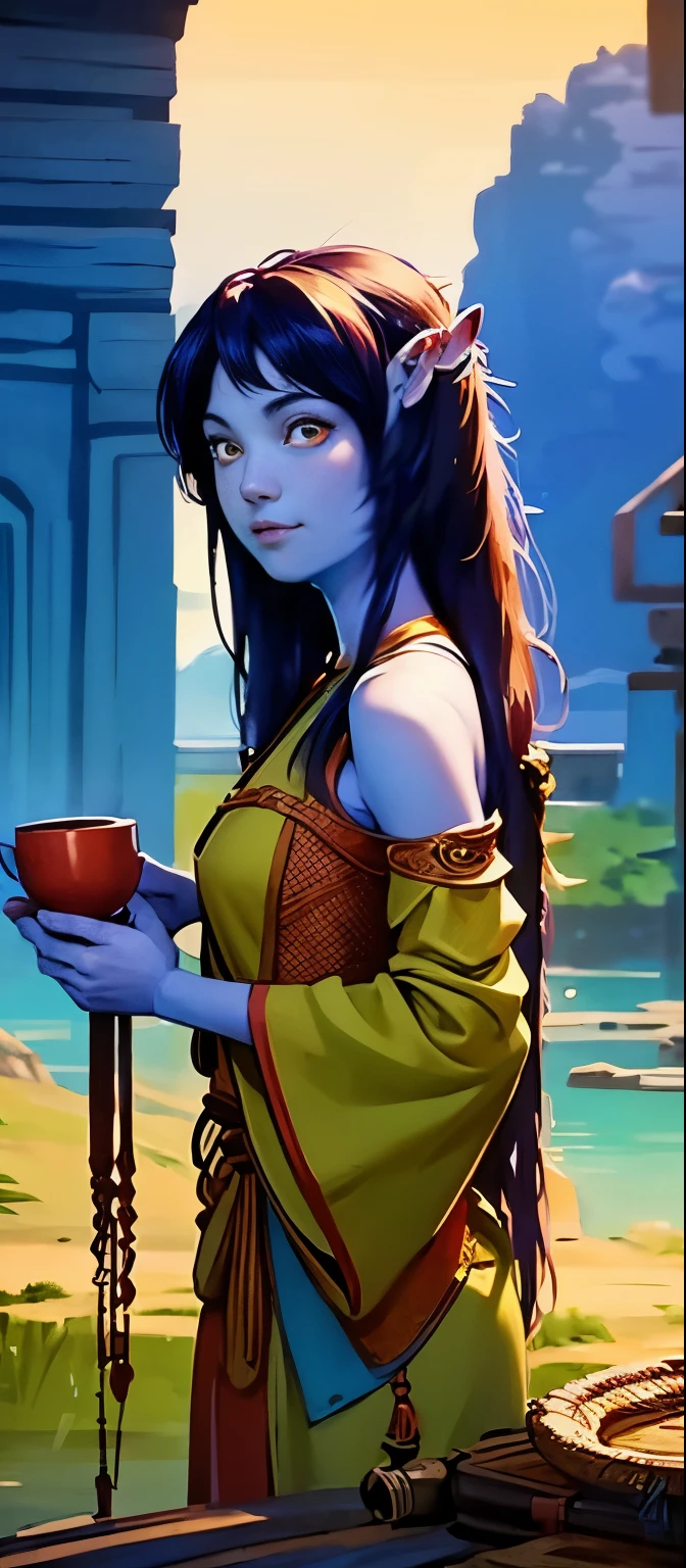 masterpiece, best quality, official art, 8k wallpaper, highly detailed, illustration, 1 girl, Azure hair, long hair, detailed eyes, forrest, bare shoulders, hanfu,lakes, pure, soft smile,bamboo,Tea